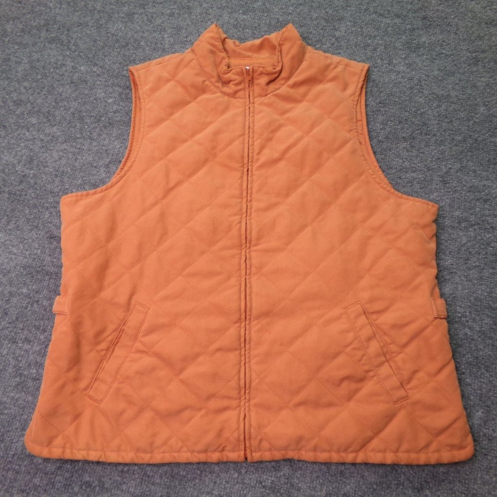 Orvis Womens Vest Peach Large Quilted Full Zip Side Slit Buckles Fishing Pockets